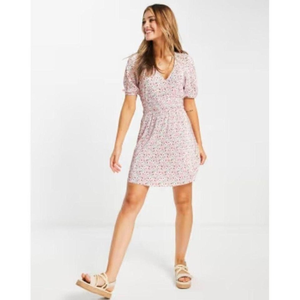 NEW! ASOS Design Shirred Waist Mini Plisse Dress In Pink Ditsy Floral US Size 6